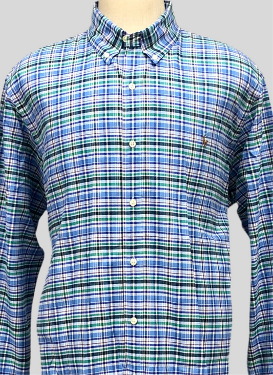 Camisa Polo Ralph Lauren 🏇🏼 de cuadros tartán en color verde, azul y blanco Talla L Entalle Regular