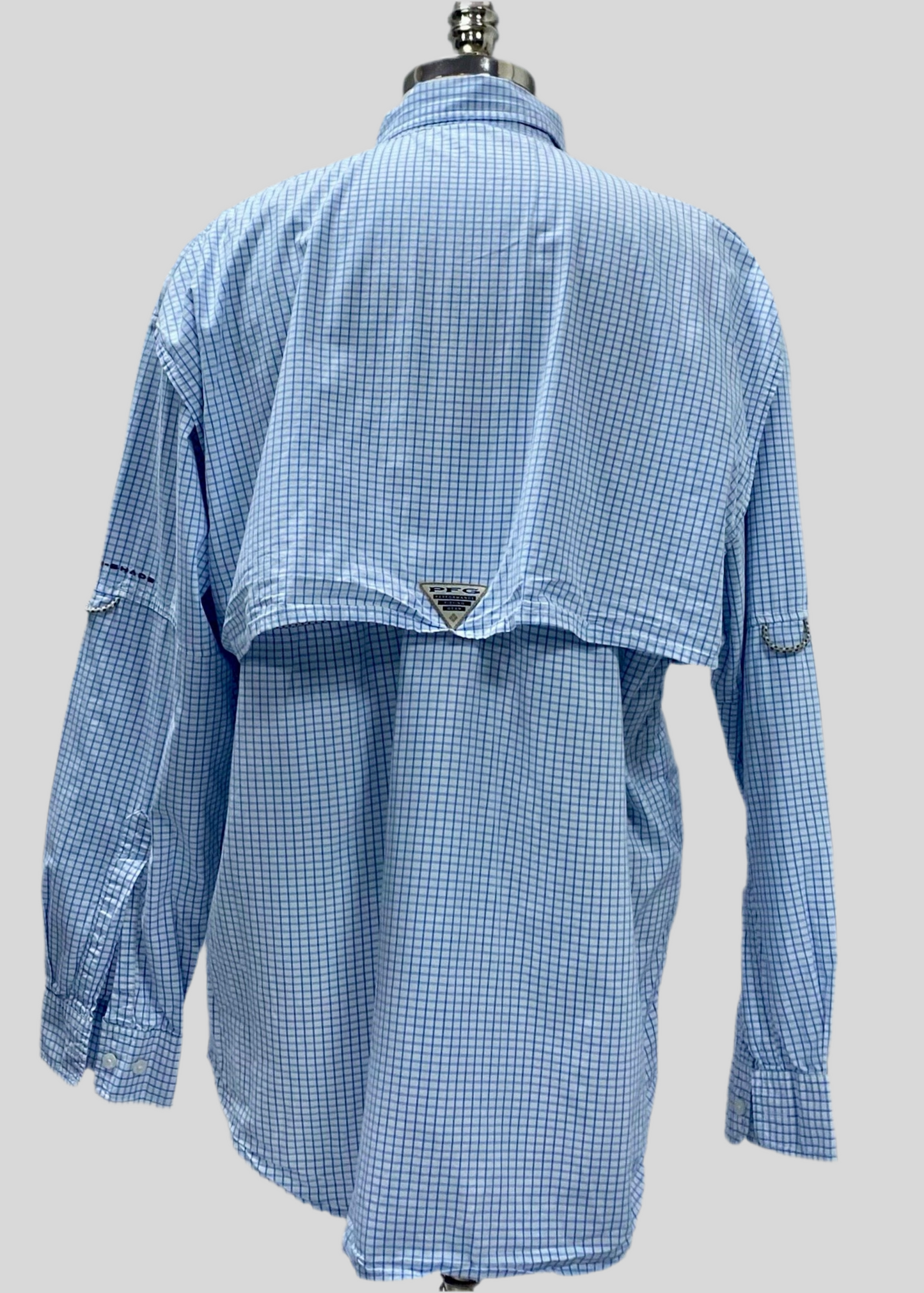 Camisa Columbia 🔹 Modelo Super Bonehead con patrón de cuadros en celeste y blanco Manga larga Talla L (ver descripción)