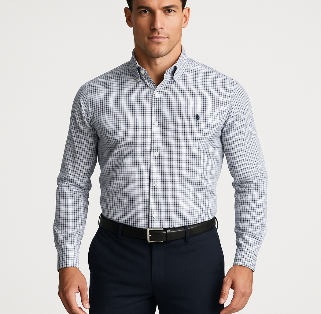 Camisa Polo Ralph Lauren 🏇🏼 color blanco con patron de cuadro azul y morado Talla M Entalle Custom Fit