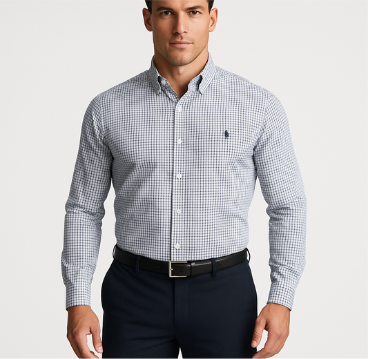 Camisa Polo Ralph Lauren 🏇🏼 color blanco con patron de cuadro azul y morado Talla M Entalle Custom Fit