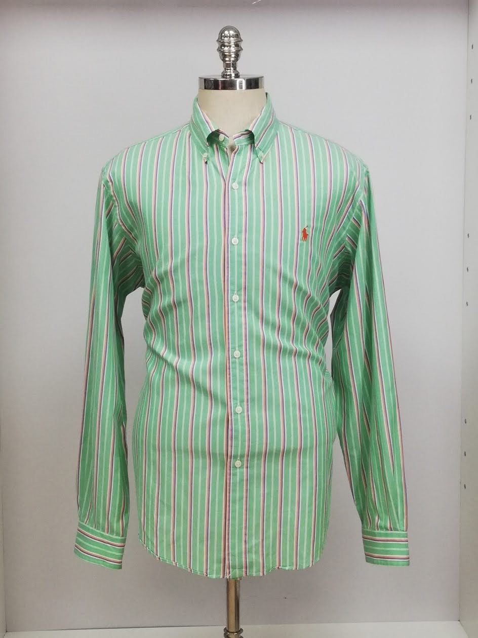 Camisa Polo Ralph Lauren 🏇🏼 color verde con patron de rayas en color naranja, azul y blanco Talla XL Entalle Regular (ver descripción)