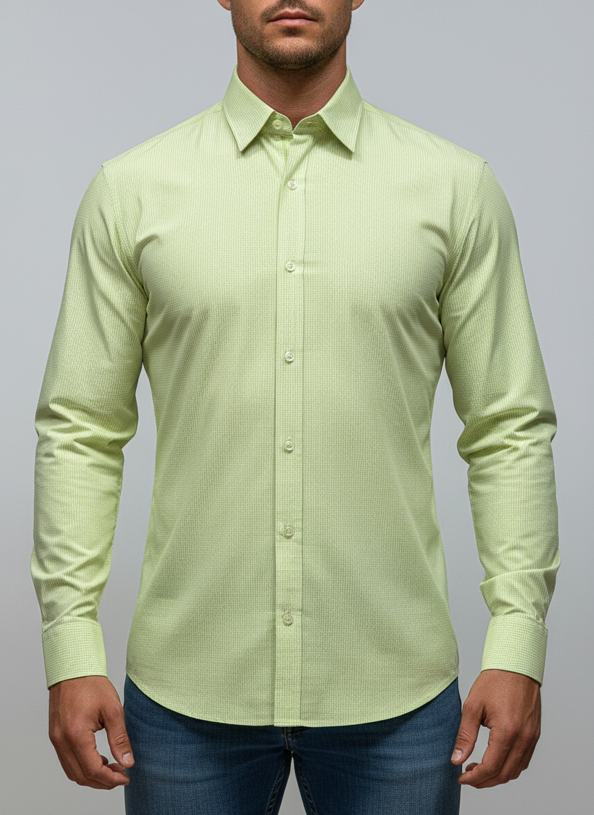 Camisa de botones Hugo Boss 🇩🇪 con patron de finos cuadros en verde claro y blanco Talla L Entalle Regular Fit