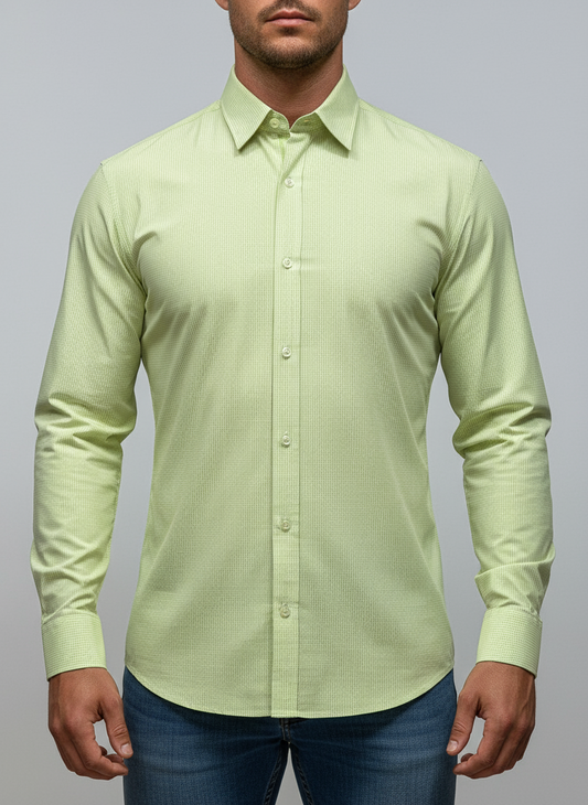 Camisa de botones Hugo Boss 🇩🇪 con patron de finos cuadros en verde claro y blanco Talla L Entalle Regular Fit