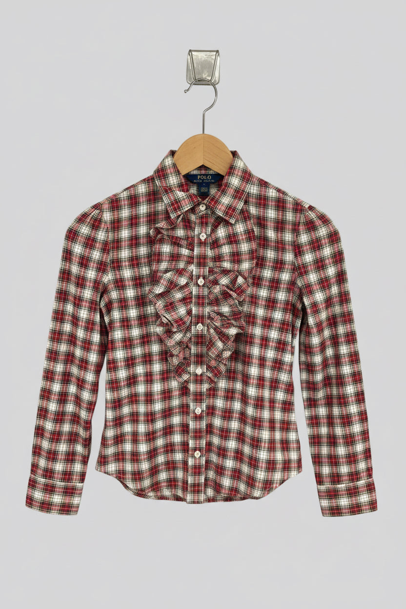 Camisa de niña Polo Ralph Lauren🏇 de cuadros color rojo verde y blanco con detalle de bolados al frente Talla 10