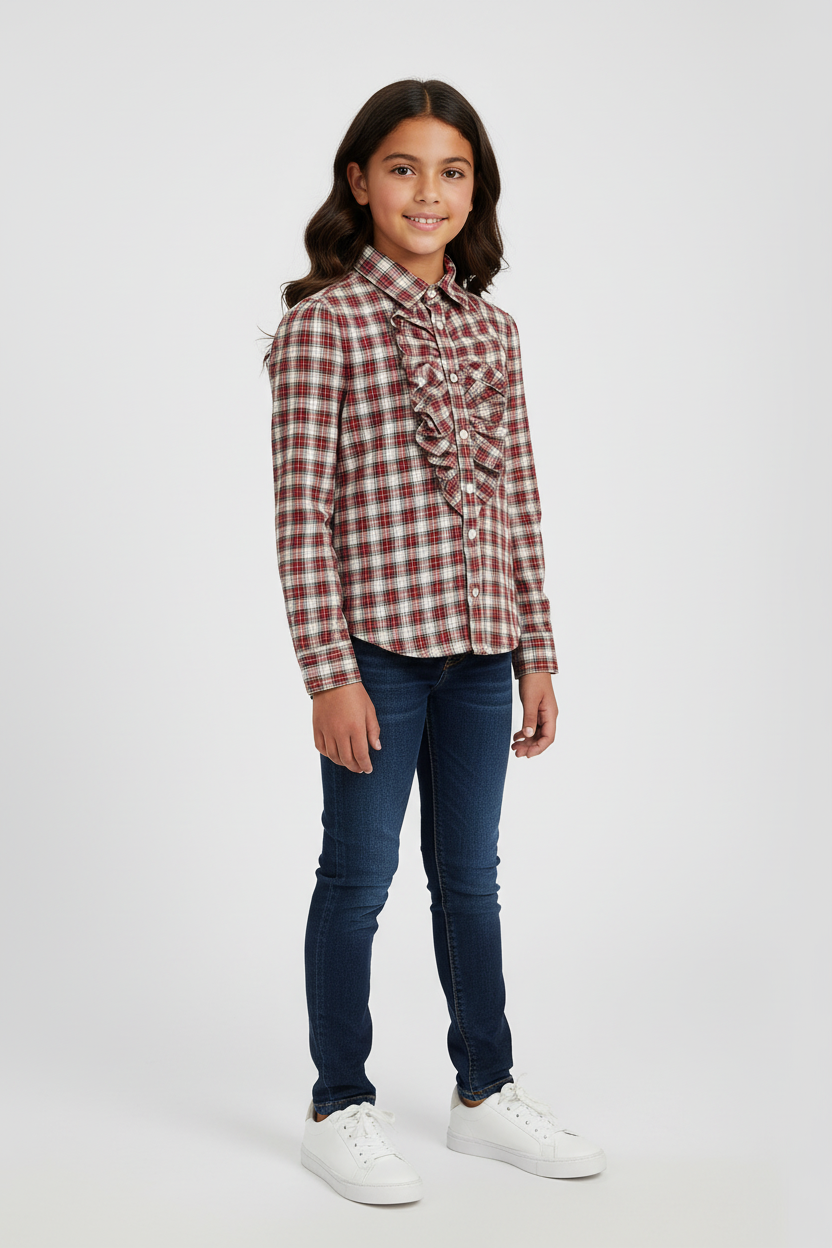 Camisa de niña Polo Ralph Lauren🏇 de cuadros color rojo verde y blanco con detalle de bolados al frente Talla 10
