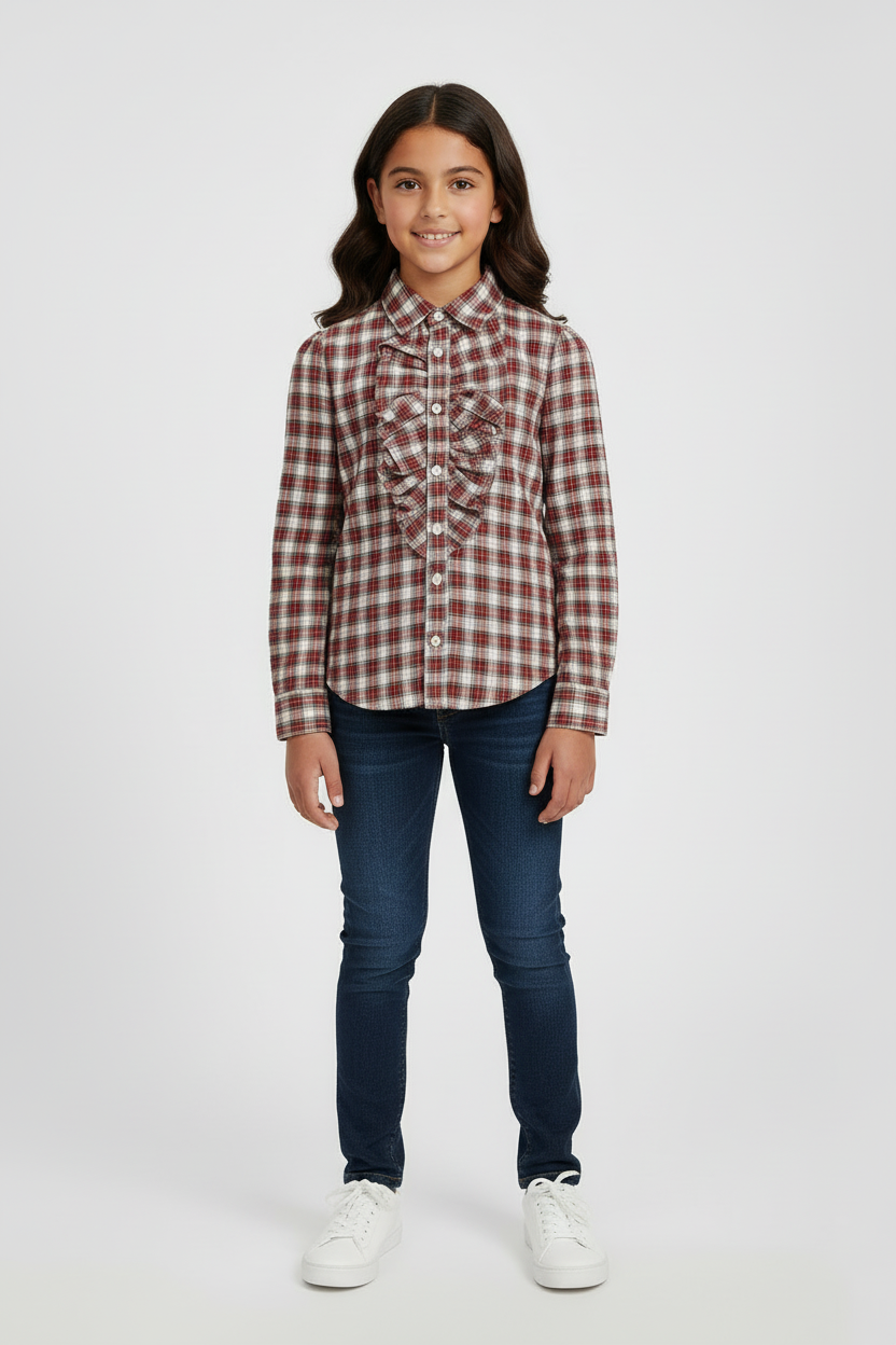 Camisa de niña Polo Ralph Lauren🏇 de cuadros color rojo verde y blanco con detalle de bolados al frente Talla 10