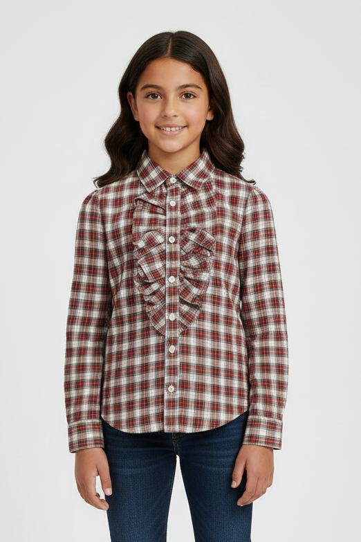 Camisa de niña Polo Ralph Lauren🏇 de cuadros color rojo verde y blanco con detalle de bolados al frente Talla 10