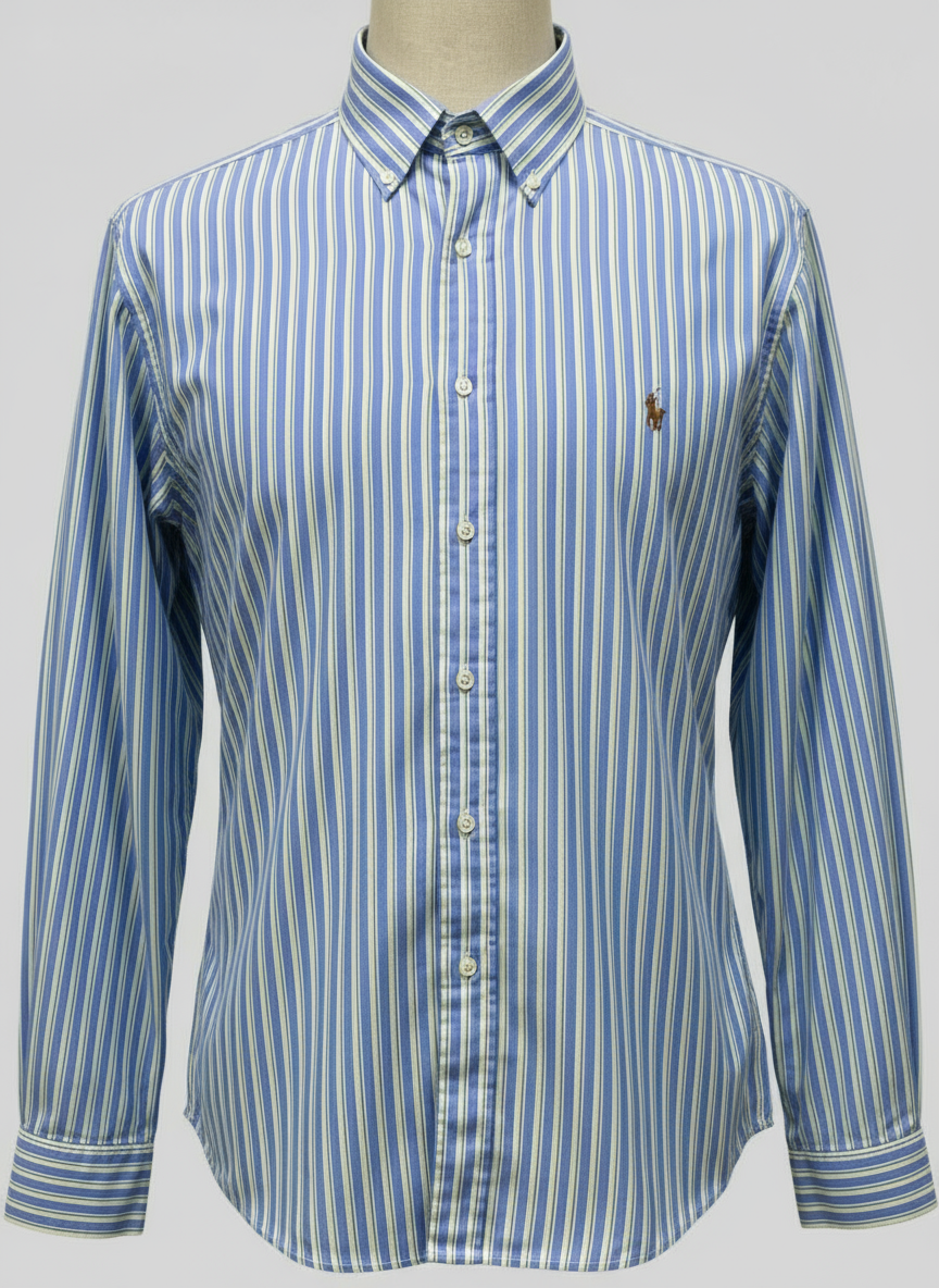 Camisa Polo Ralph Lauren 🏇🏼 color celeste con patron de rayas en color amarillo y verde Talla XL Entalle Regular