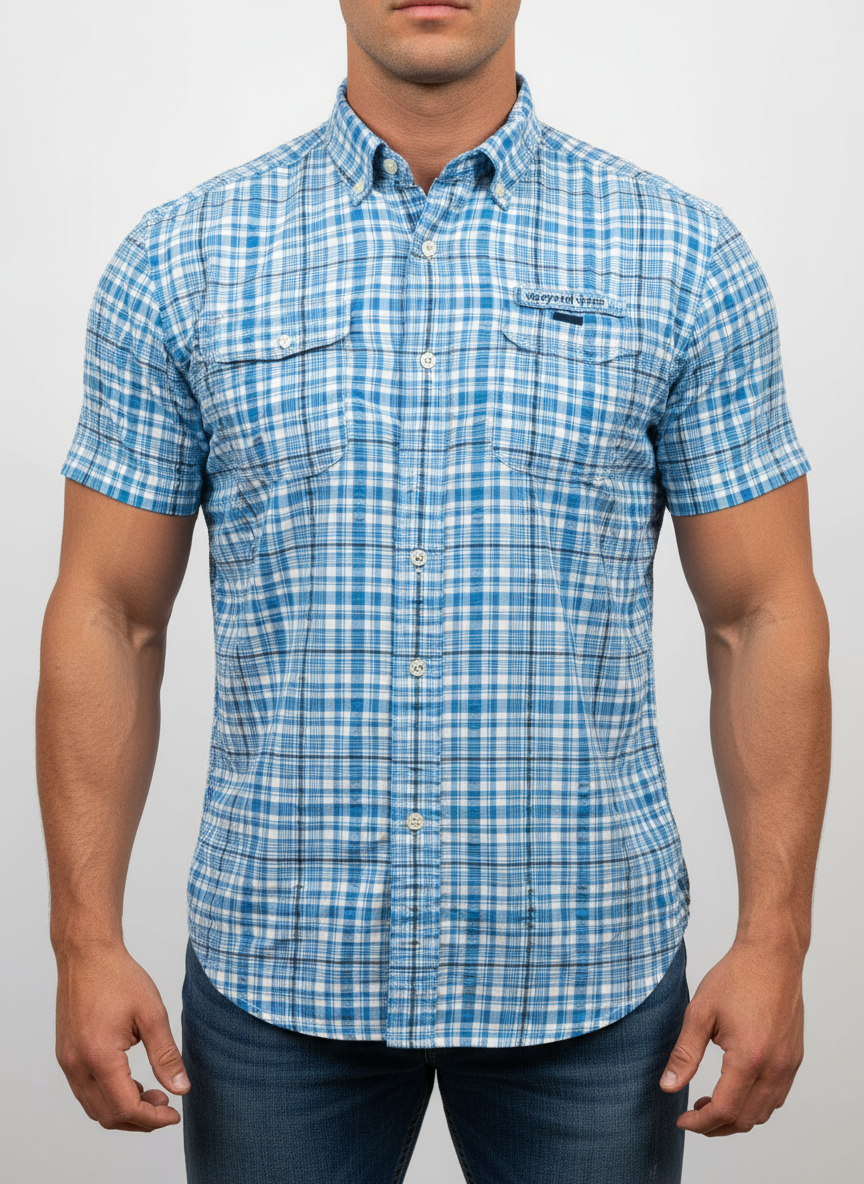 Camisa Vineyard Vines 🐳 Modelo Harbor de cuadro en color azul y blanco Talla M Entalle regular
