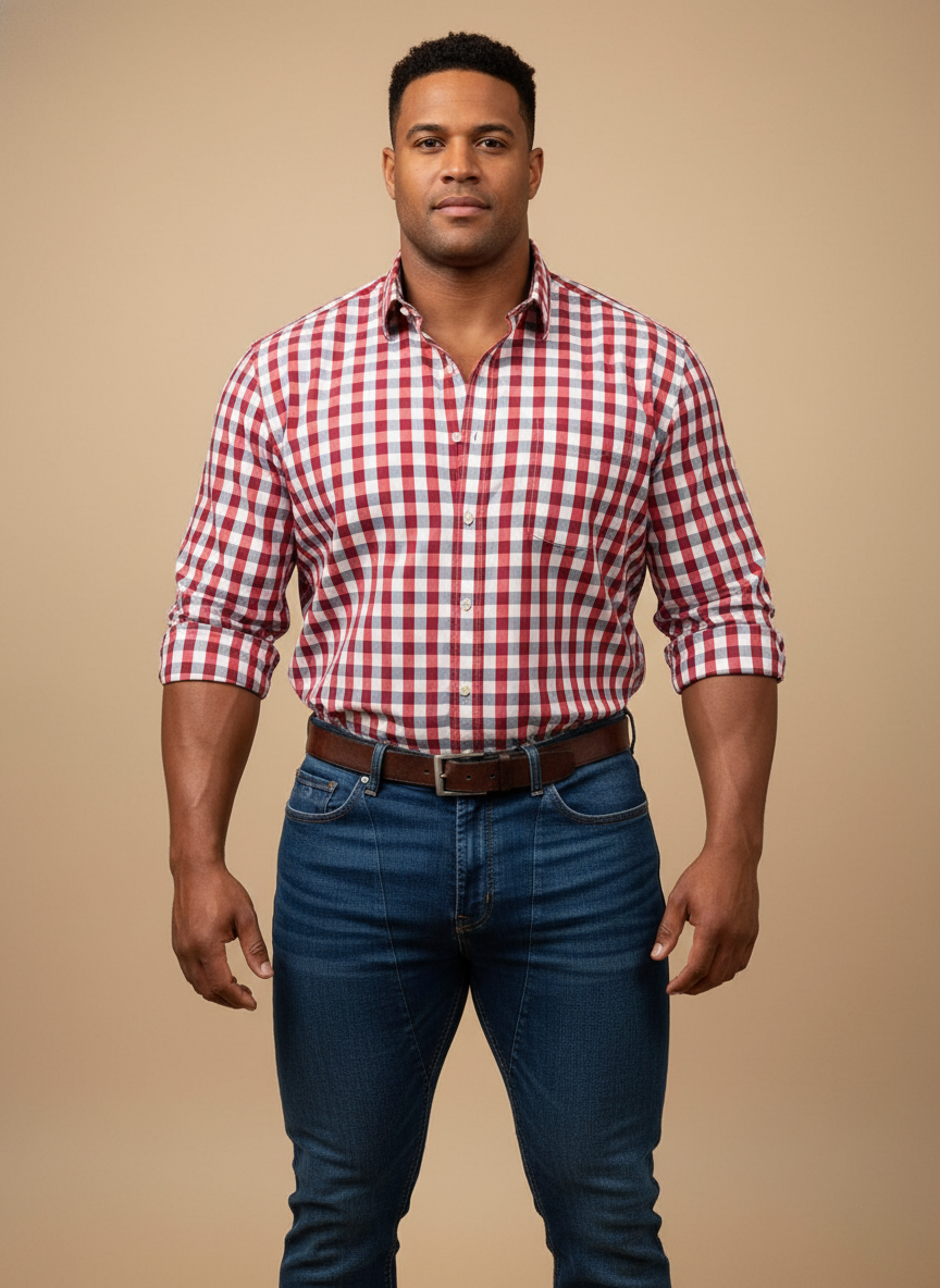 Camisa de botones Banana Republic de cuadros gingham en color rojo, gris y blanco Talla XL Entalle Slim Fit