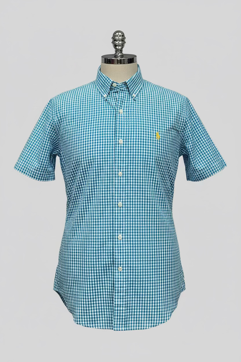 Camisa Polo Ralph Lauren 🏇🏼 Seersucker de cuadros en turquesa y blanco Talla M Entalle Regular