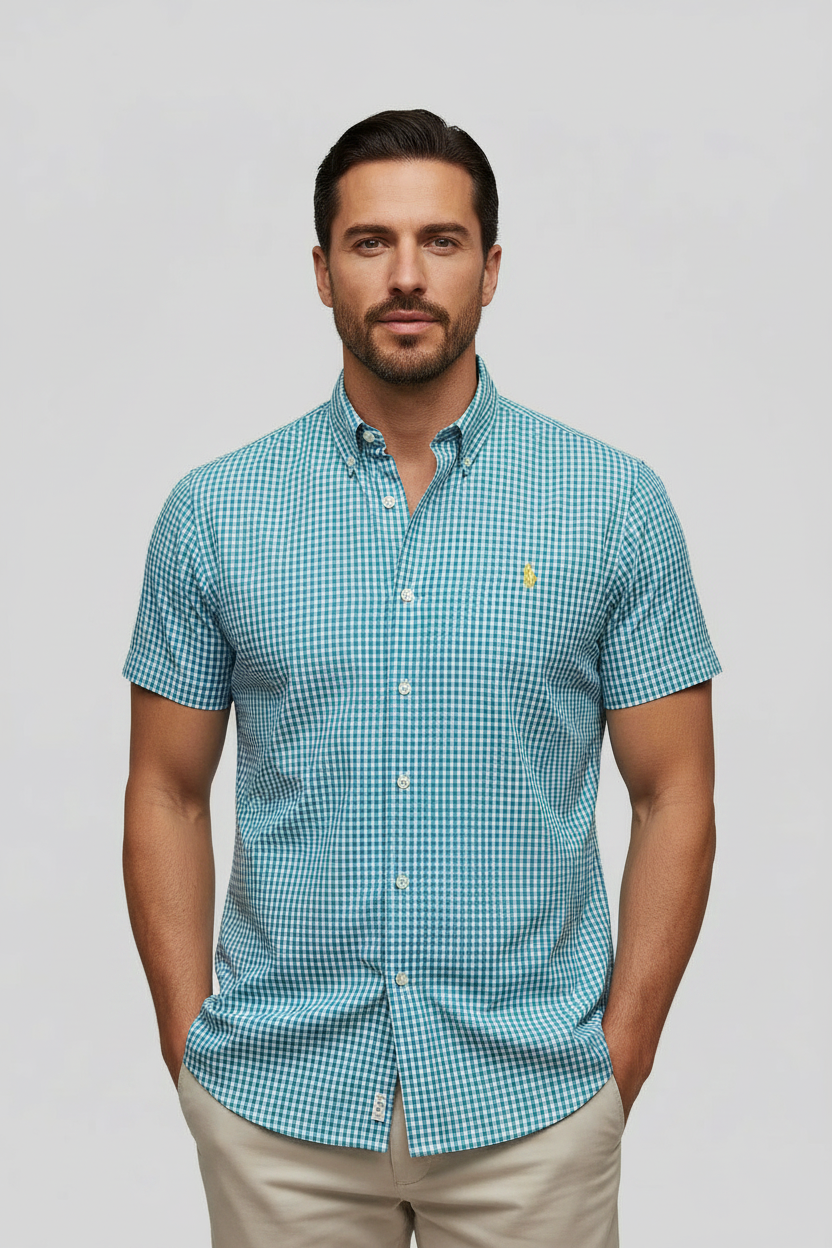 Camisa Polo Ralph Lauren 🏇🏼 Seersucker de cuadros en turquesa y blanco Talla M Entalle Regular