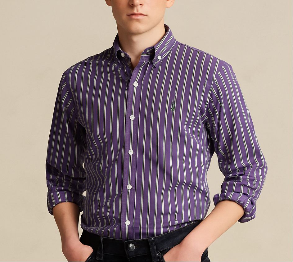 Camisa Polo Ralph Lauren 🏇🏼 color morado patron de rayas en verde y blanco Talla XL (18) de niño Entalle Regular