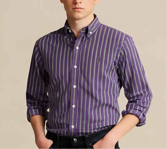 Camisa Polo Ralph Lauren 🏇🏼 color morado patron de rayas en verde y blanco Talla XL (18) de niño Entalle Regular