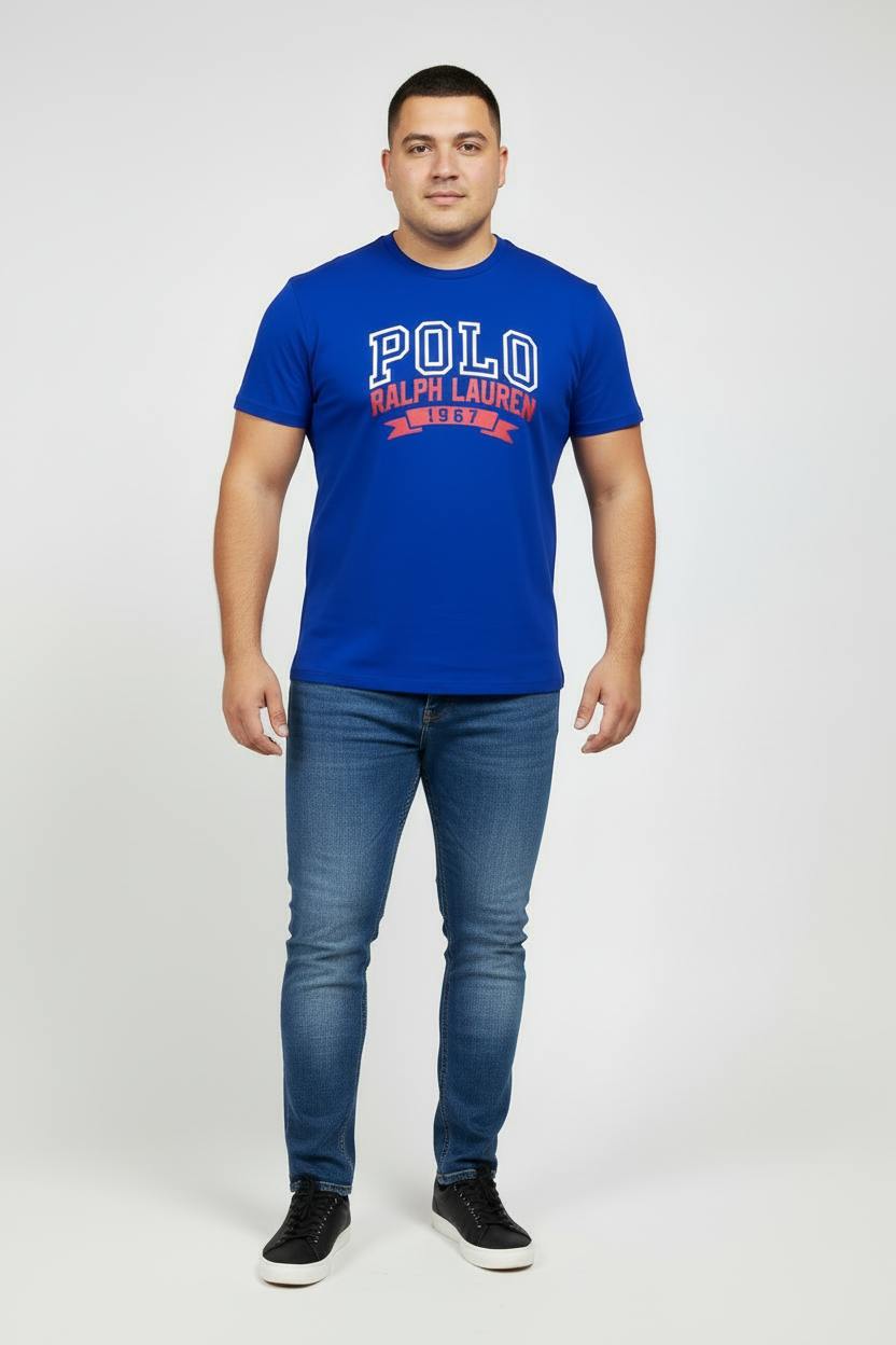Camiseta cuello redondo Polo Ralph Lauren 🏇🏼 color azul y logo estampado en blanco y rojo Talla XL