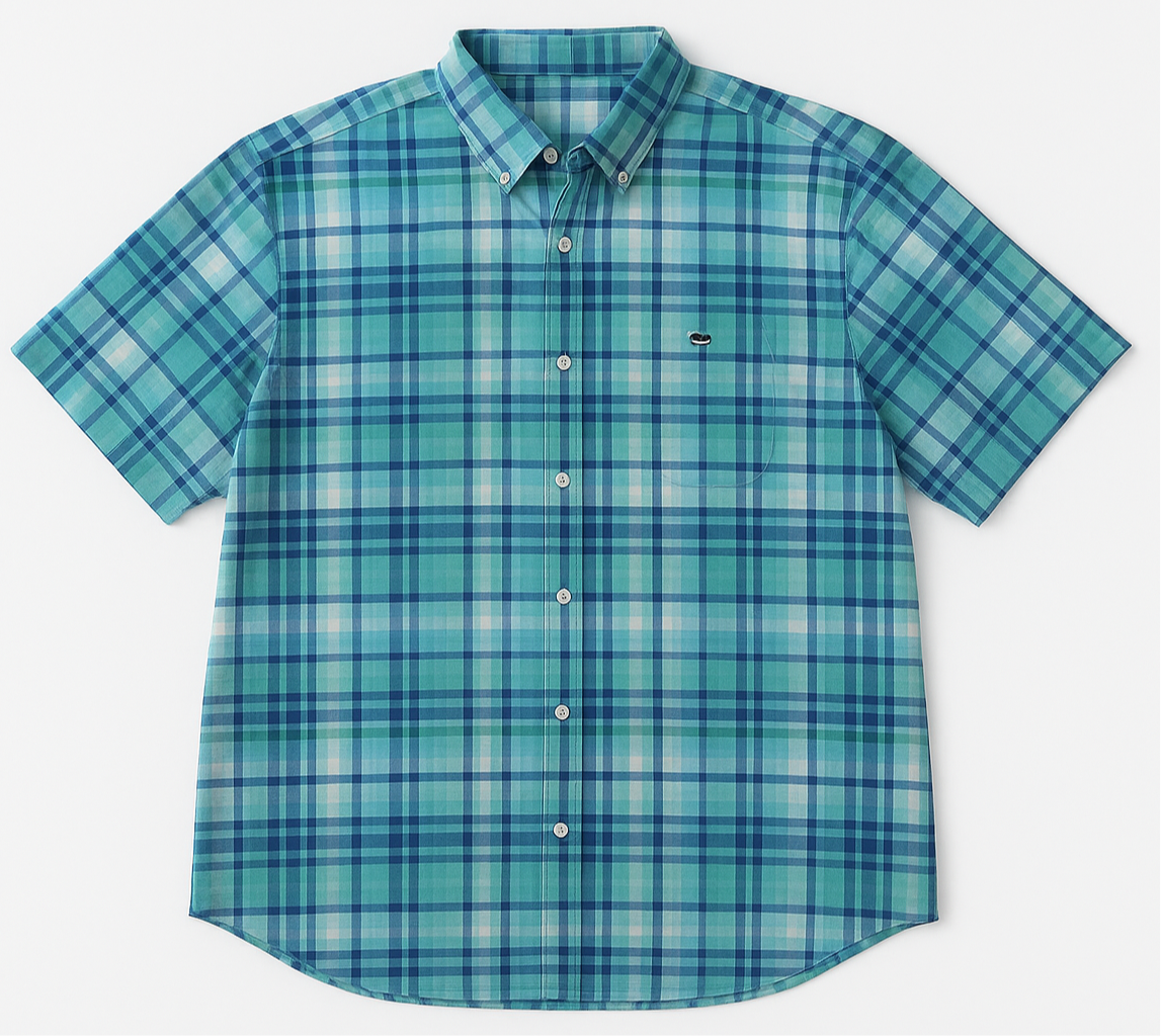 Camisa Crown & Ivy 👑 con patrón de cuadros tartán en color turquesa, azul y blanco Talla XXL Entalle Clásico