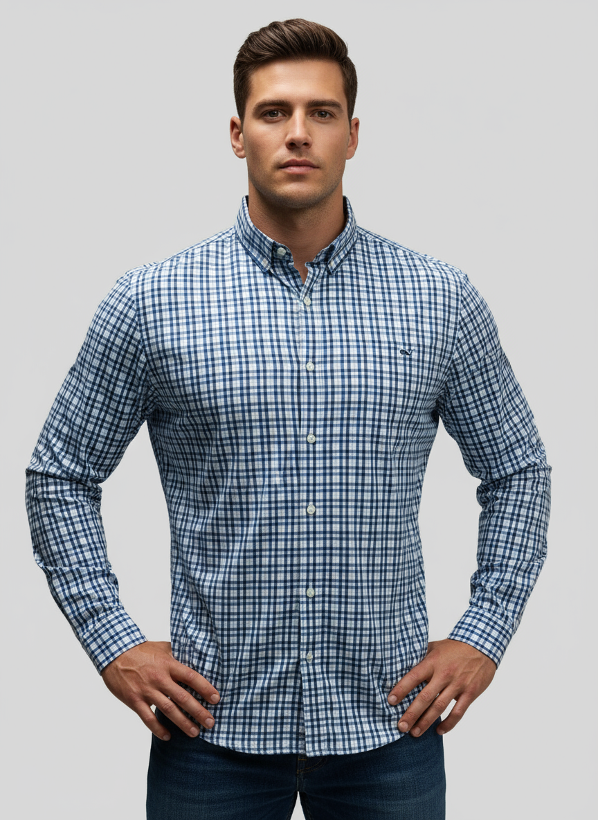 Camisa de botones Vineyard Vines 🐳 color blanco de cuadros en color gris y azul Talla M Entalle Slim Fit