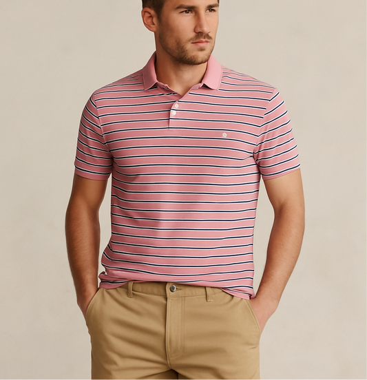 Camiseta Polo Ralph Lauren 🏇🏼 color rosado con patrón de rayas color negro y blanco Talla M Entalle Regular