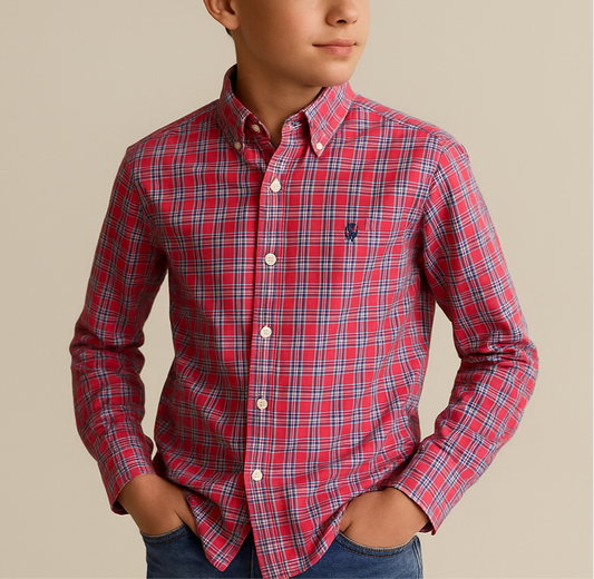 Camisa Polo Ralph Lauren 🏇🏼 color rojo con patron de cuadros en azul y verde Talla L (14-16) de niño Entalle Regular