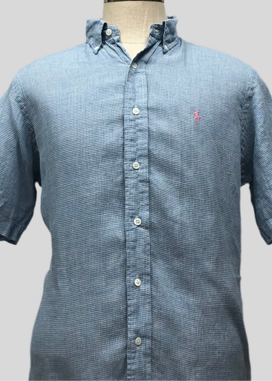 Camisa Polo Ralph Lauren 🏇🏼 de lino con cuadros gingham en celeste y blanco Talla M Entalle Regular