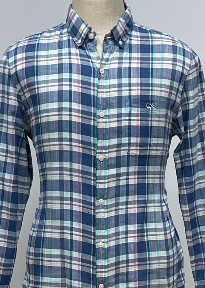 Camisa Vineyard Vines 🐳 de cuadros tartan en color azul, celeste, rosado y blanco Talla M Entalle Slim Fit