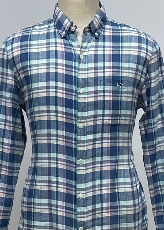 Camisa Vineyard Vines 🐳 de cuadros tartan en color azul, celeste, rosado y blanco Talla M Entalle Slim Fit