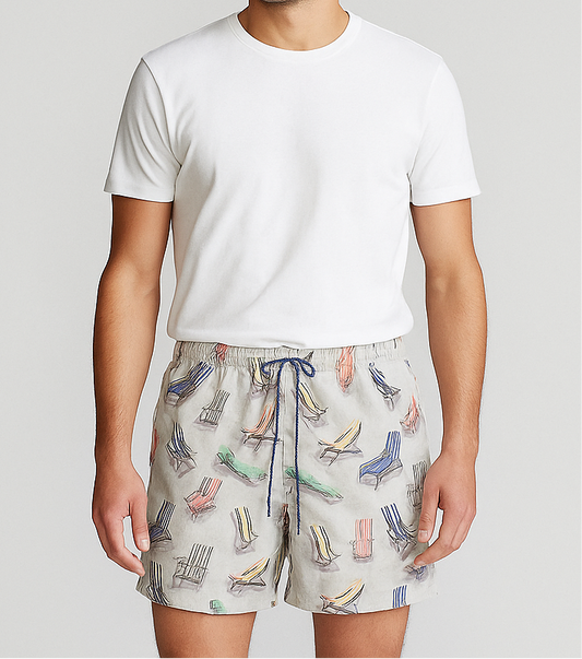 Short de baño Tommy Bahama 🏝 color beige con diseño de sillas playeras talla M