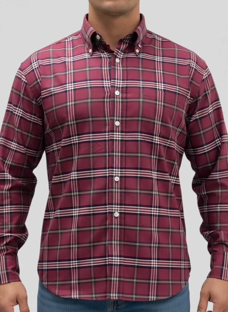 Camisa Brooks Brothers 🐑 color rojo oscuro con cuadros en azul navy y blanco Talla L Entalle Regular