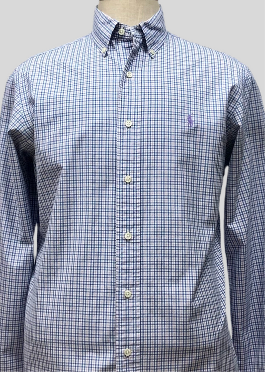 Camisa Polo Ralph Lauren 🏇🏼 color blanco con patron de cuadros lila y azul Talla M Entalle Clásico