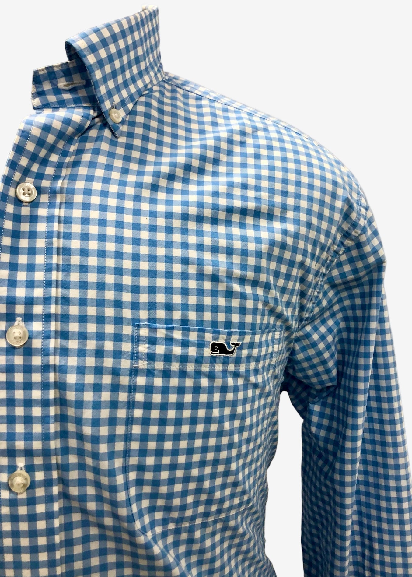 Camisa Vineyard Vines 🐳 Performance de cuadros gingham en color celeste y blanco Talla L Entalle Clásico