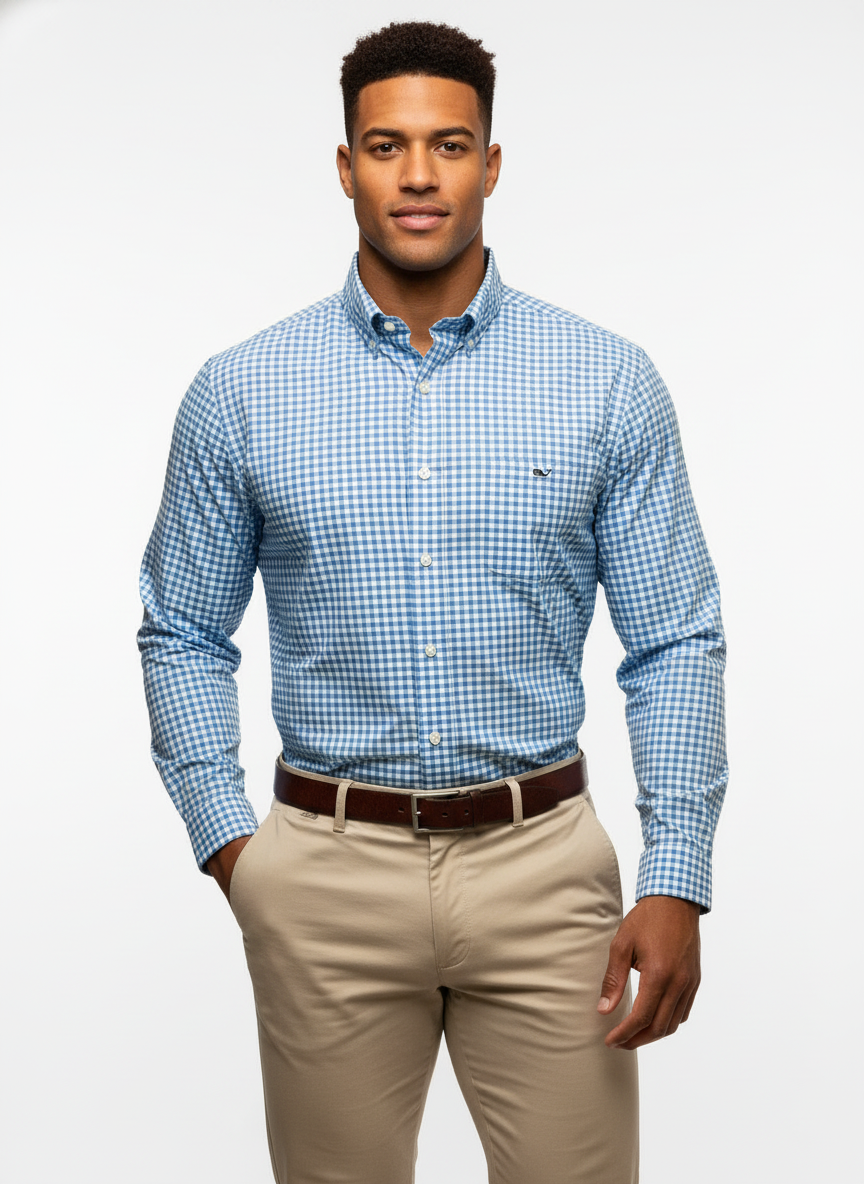 Camisa Vineyard Vines 🐳 Performance de cuadros gingham en color celeste y blanco Talla L Entalle Clásico