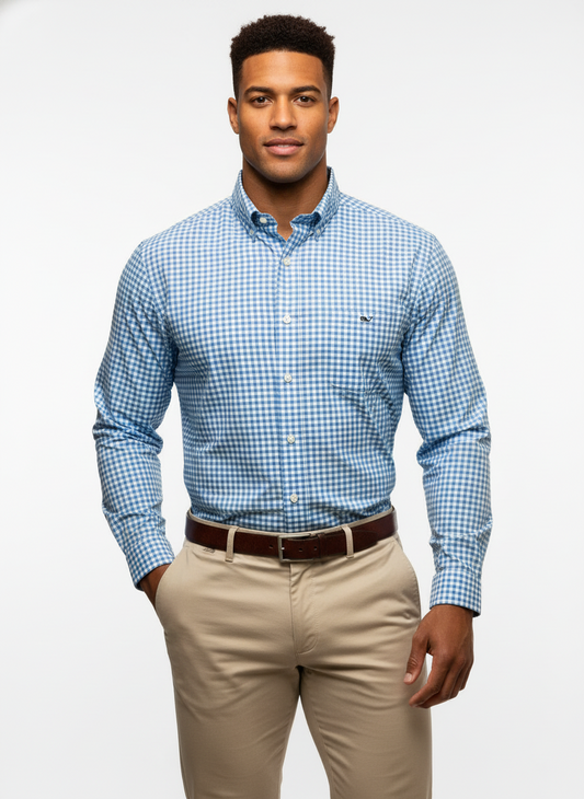 Camisa Vineyard Vines 🐳 Performance de cuadros gingham en color celeste y blanco Talla L Entalle Clásico