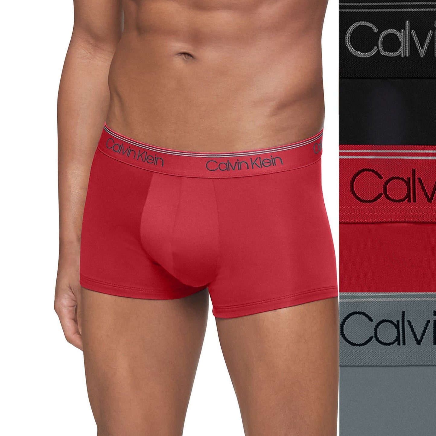 Paquete de 3 Calzoncillos tipo Boxer Calvin Klein de Microfibra Stretch en rojo, gris y negro - Tela ligera en Talla XXL