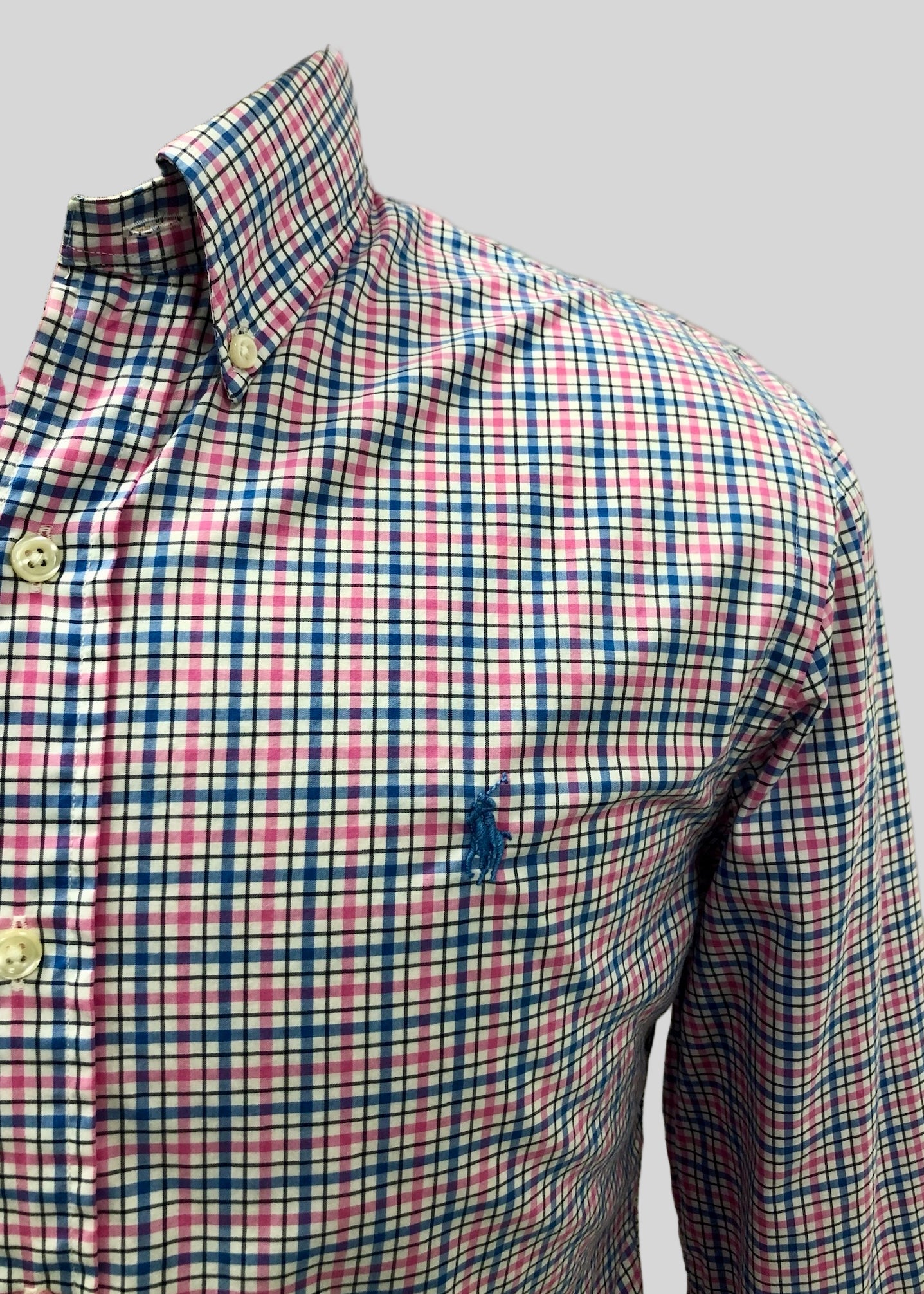 Camisa de botones Polo Ralph Lauren 🏇🏼 color blanco de cuadros rosado y celeste Talla M Entalle Slim Fit