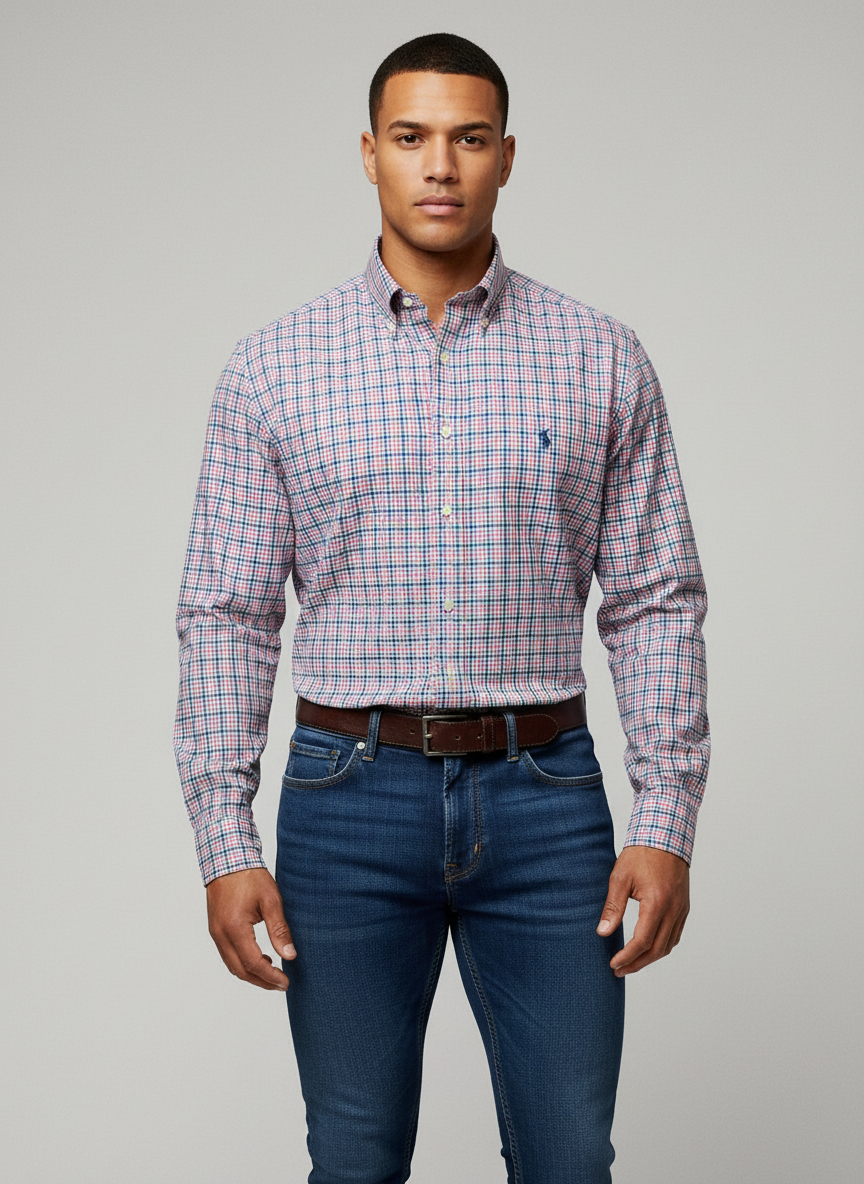 Camisa de botones Polo Ralph Lauren 🏇🏼 color blanco de cuadros rosado y celeste Talla M Entalle Slim Fit