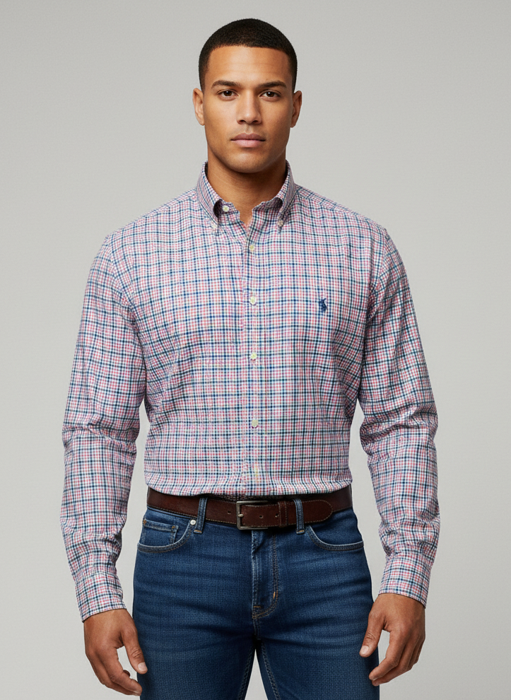 Camisa de botones Polo Ralph Lauren 🏇🏼 color blanco de cuadros rosado y celeste Talla M Entalle Slim Fit