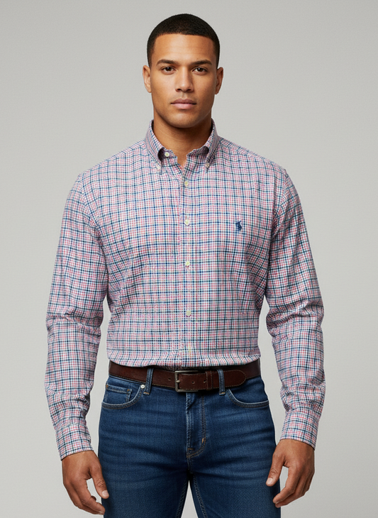 Camisa de botones Polo Ralph Lauren 🏇🏼 color blanco de cuadros rosado y celeste Talla M Entalle Slim Fit