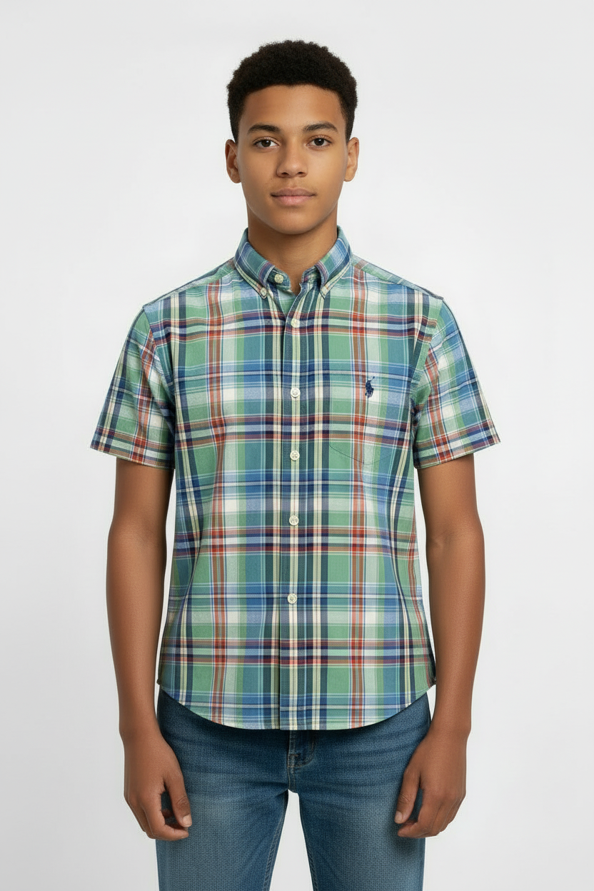 Camisa de niño Polo Ralph Lauren 🏇🏼 con patron de cuadros en verde claro, rojo y azul Talla L (14-16) Entalle Regular