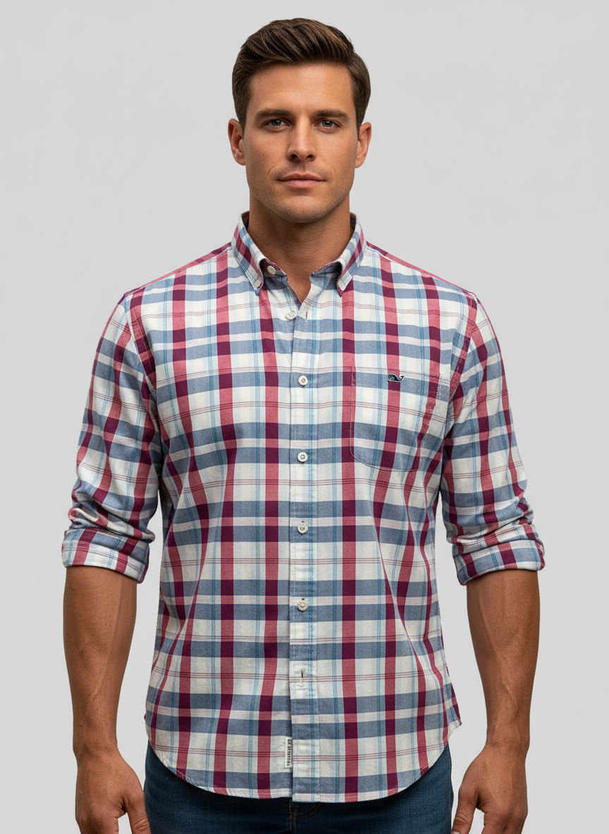 Camisa de botones Vineyard Vines 🐳 de cuadros en color rojo, gris y blanco Talla M Entalle Slim Fit