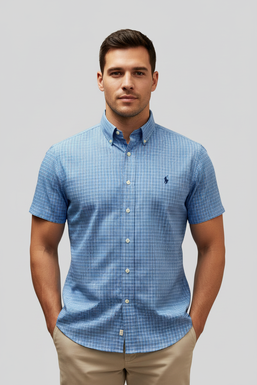 Camisa Polo Ralph Lauren 🏇🏼 Color celeste de cuadros en color azul y blanco Talla L Entalle Regular
