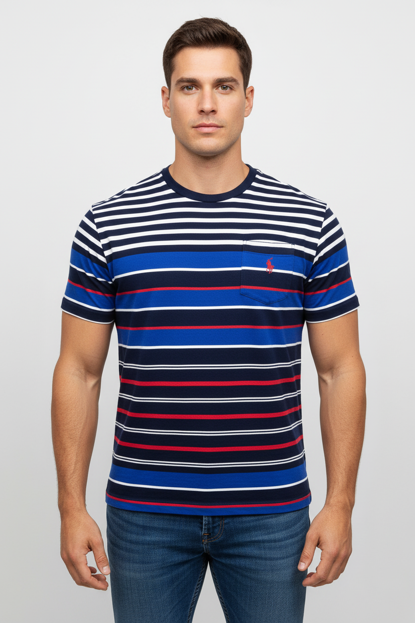 Camiseta cuello Redondo Polo Ralph Lauren 🏇🏼 con patron de rayas en azul, blanco y rojo manga corta Talla Large Entalle Clásico