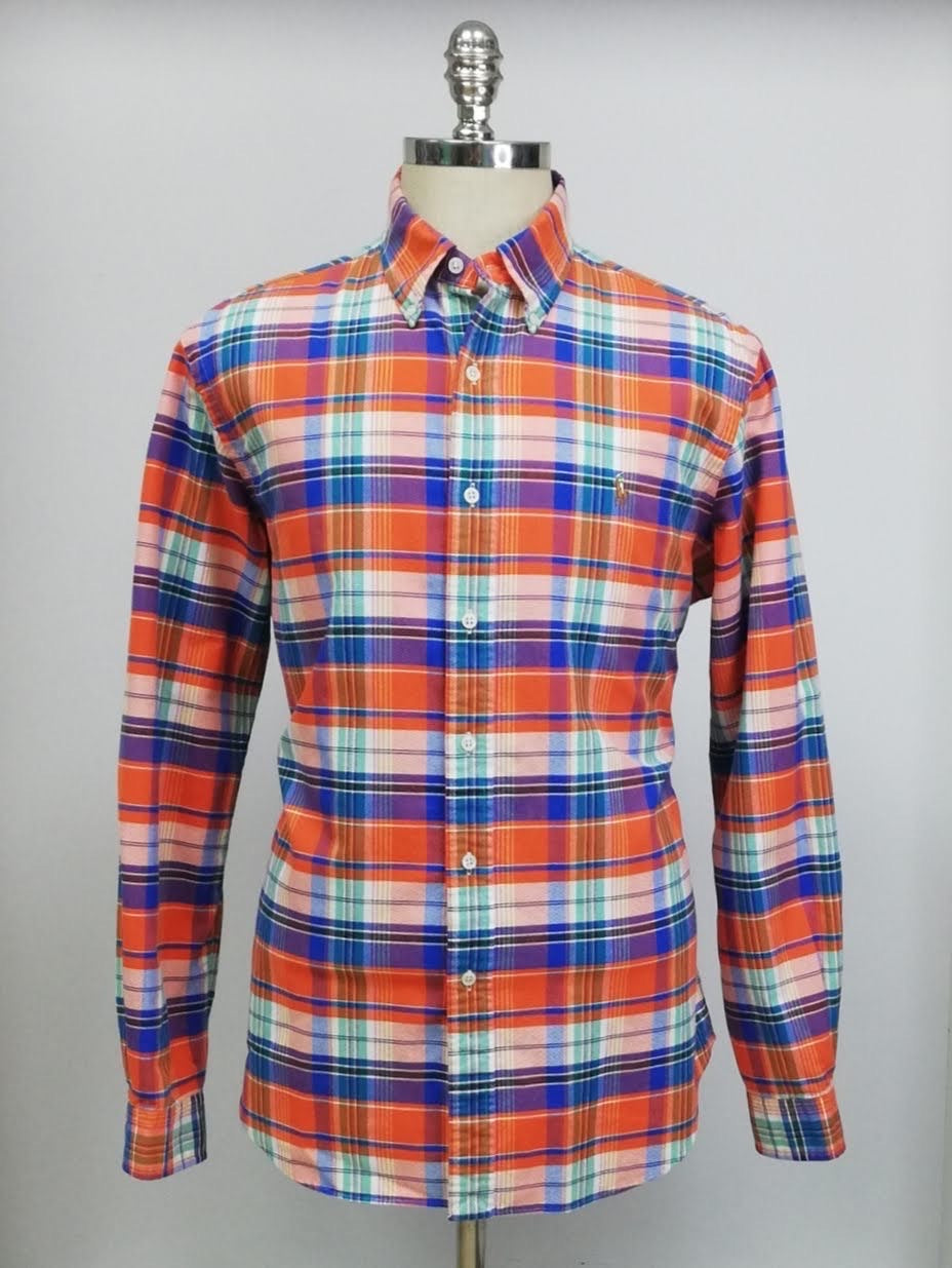 Camisa Polo Ralph Lauren 🏇🏼 Oxford con patrón de cuadros naranja, azul y blanco Talla L Entalle Clásico