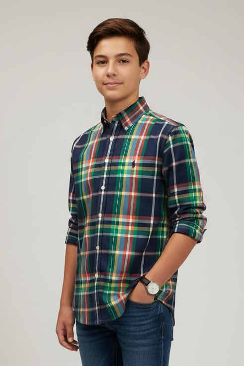 Camisa de niño Polo Ralph Lauren 🏇🏼 de cuadros en verde, naranja, amarillo y azul Talla L (14-16) Entalle Regular