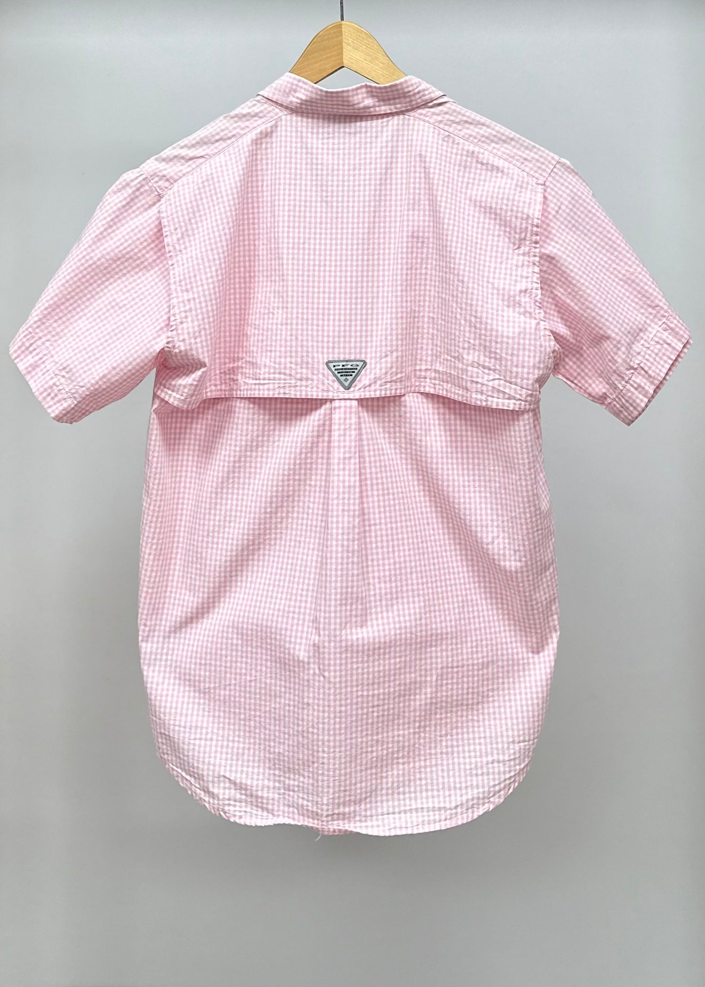 Camisa de mujer Columbia 🔹con patrón de cuadros en color rosado y blanco con Omni Shade Manga larga Talla XL