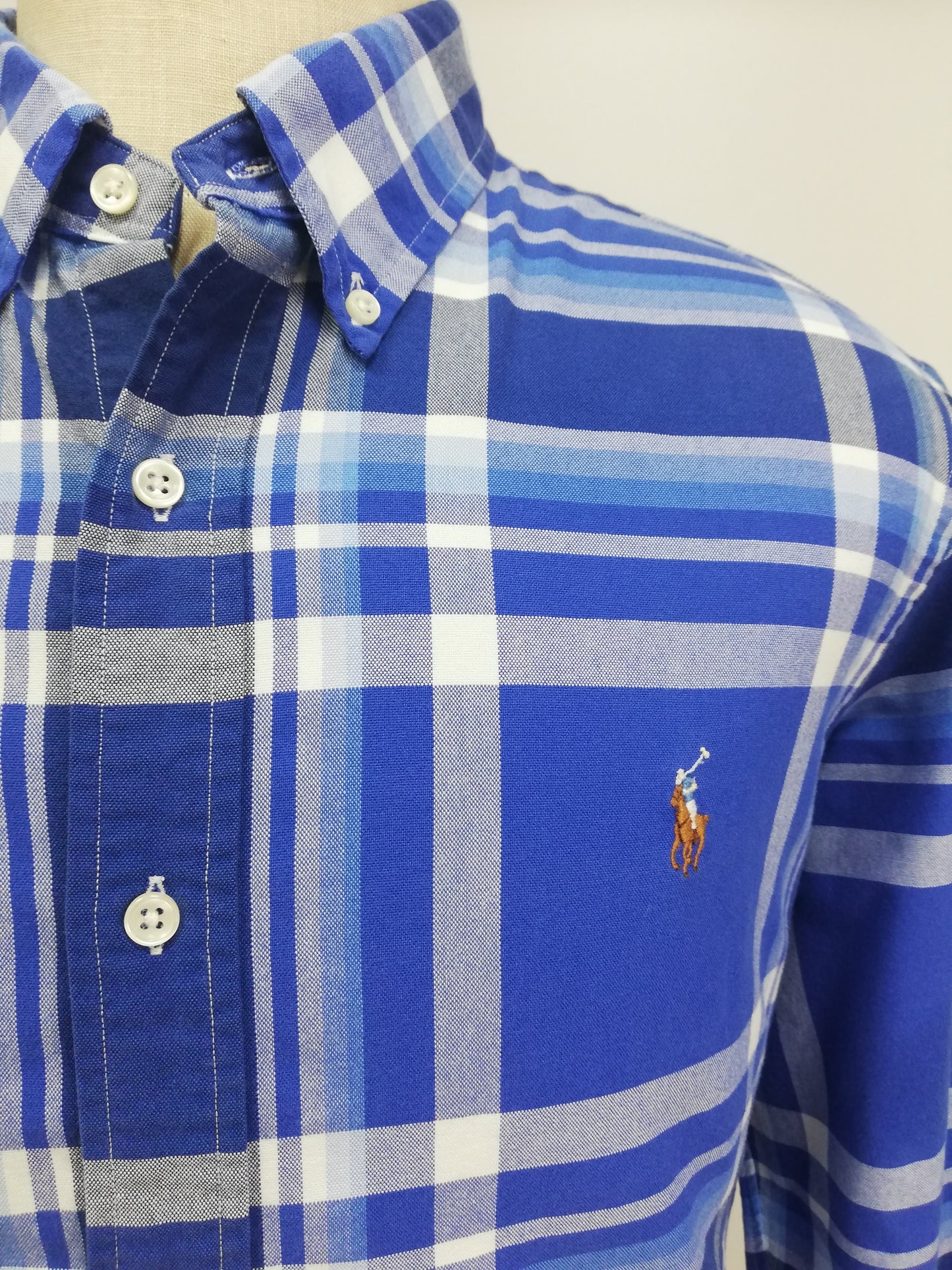 Camisa Polo Ralph Lauren 🏇🏼 Oxford con patron de cuadros tartán azul, celeste y blanco Talla XL Entalle Regular