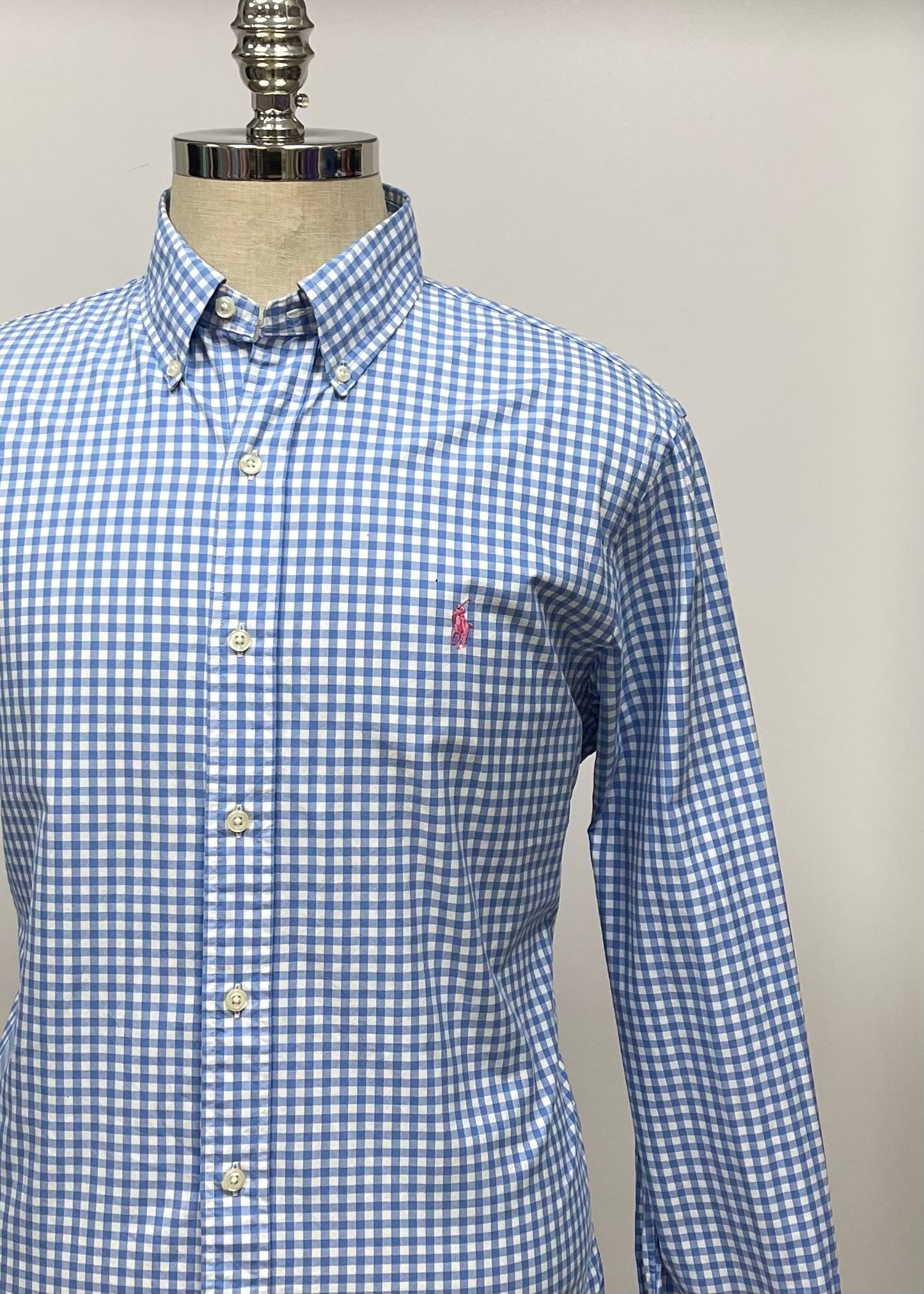 Camisa Polo Ralph Lauren 🏇🏼 con patron de cuadros gingham celeste y blanco Talla L Entalle Slim Fit