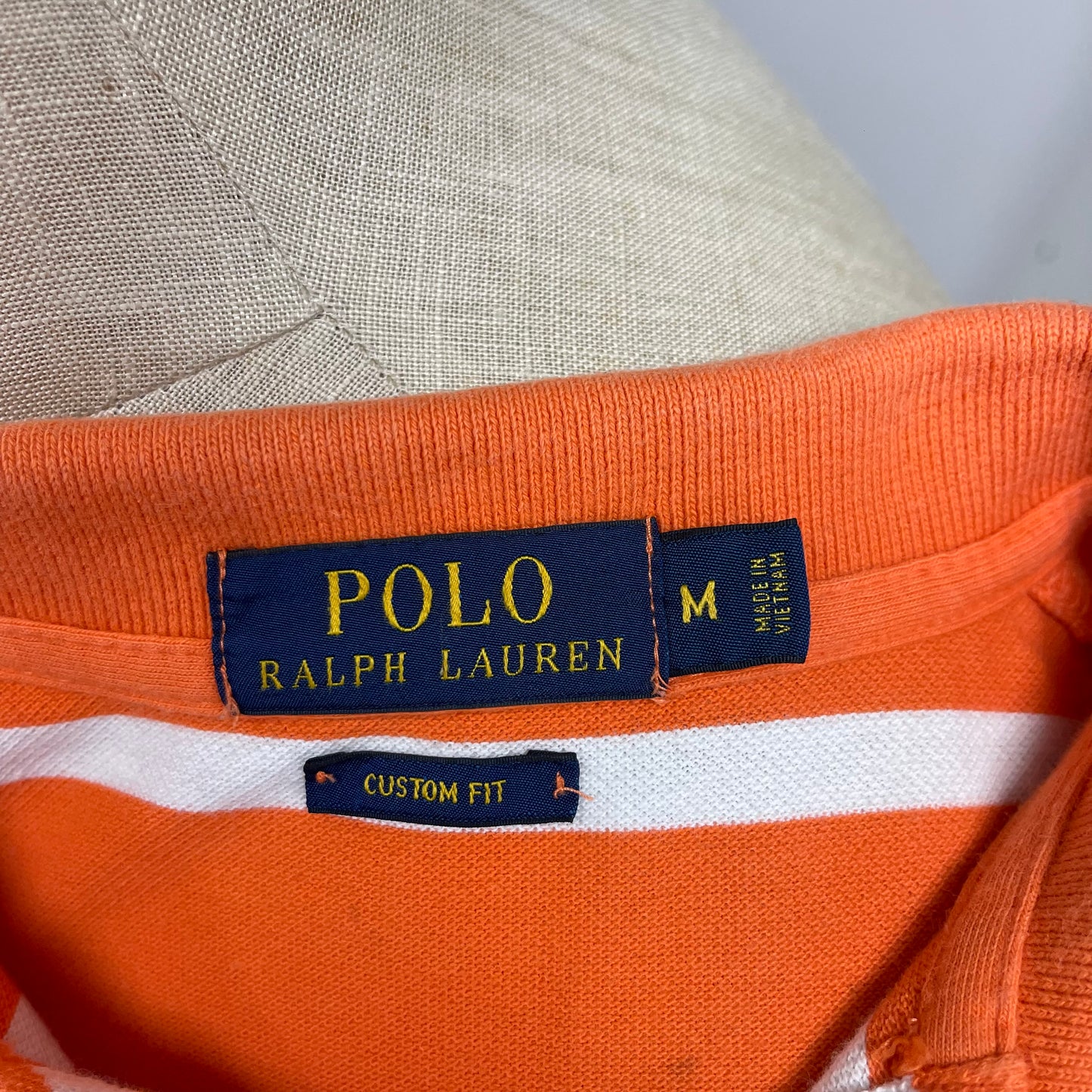 Camiseta Polo Ralph Lauren 🏇🏼 con patron de rayas en color naranja y blanco Talla M Entalle Custom Fit