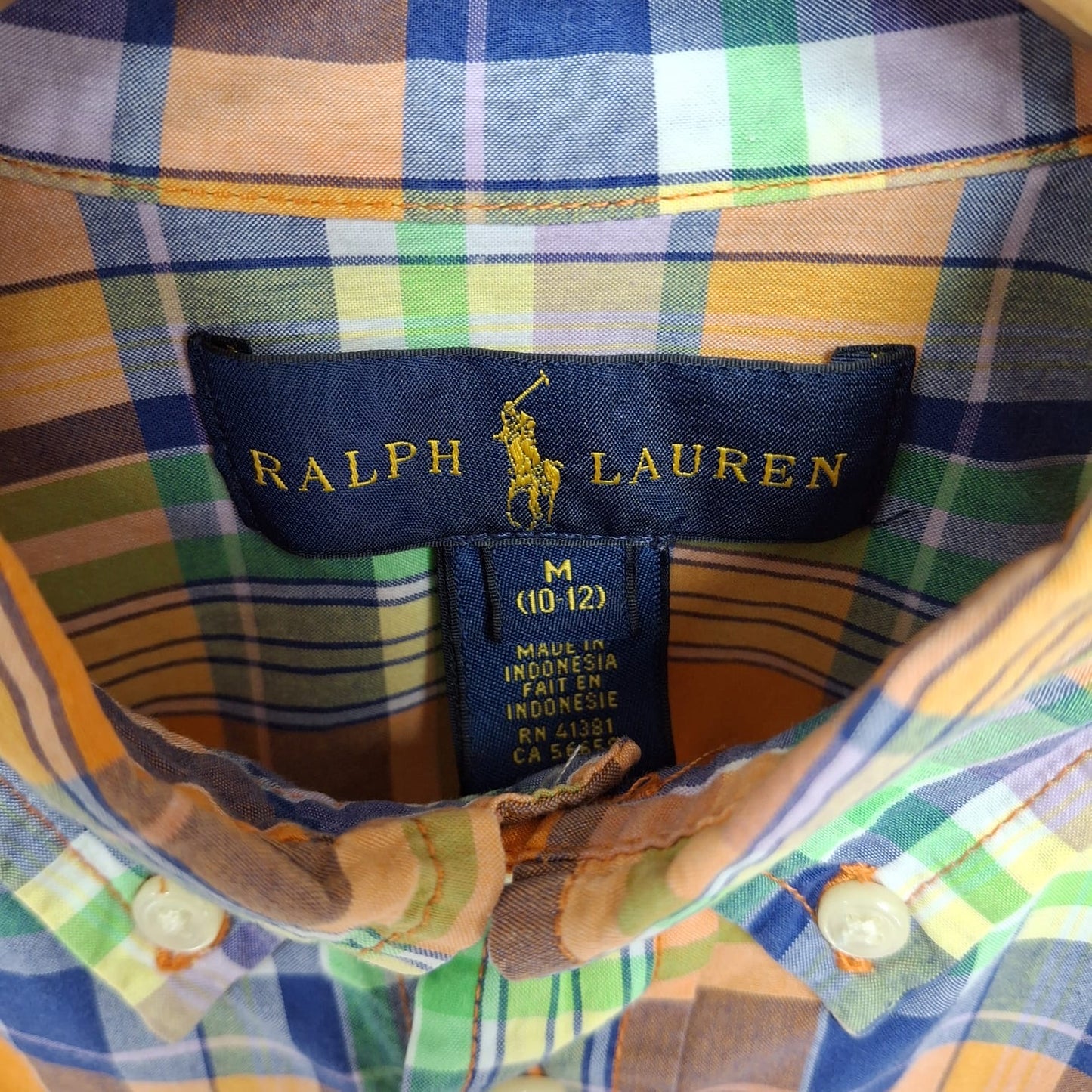 Camisa Polo Ralph Lauren 🏇🏼 con patron de cuadros en naranja, azul, verde y blanco Talla M (10-12) de niño Entalle Regular