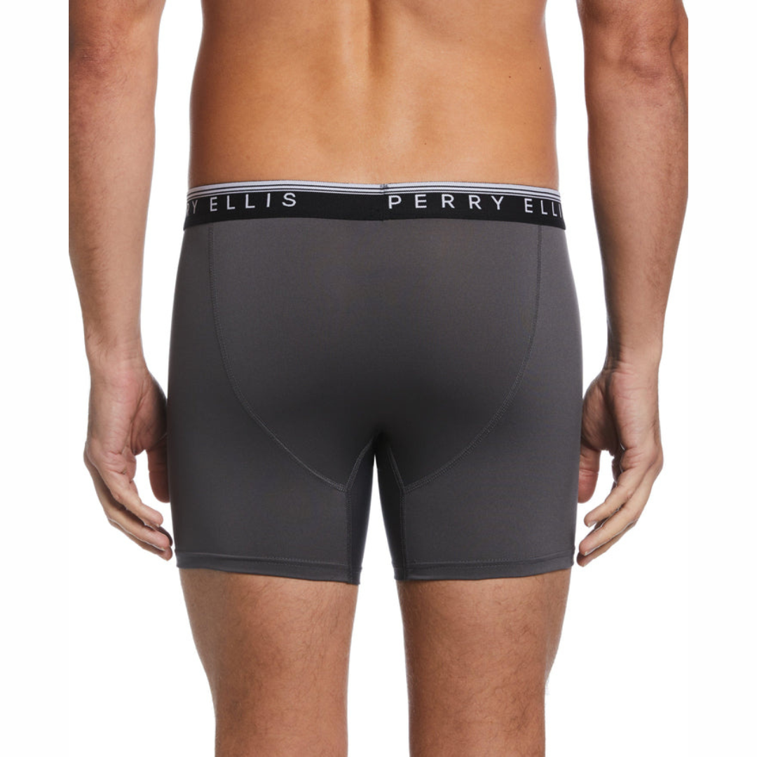 Paquete de 4 Boxer Perry Ellis Tela de microfibra con patrón en color negro, gris, rojo y celeste Talla M