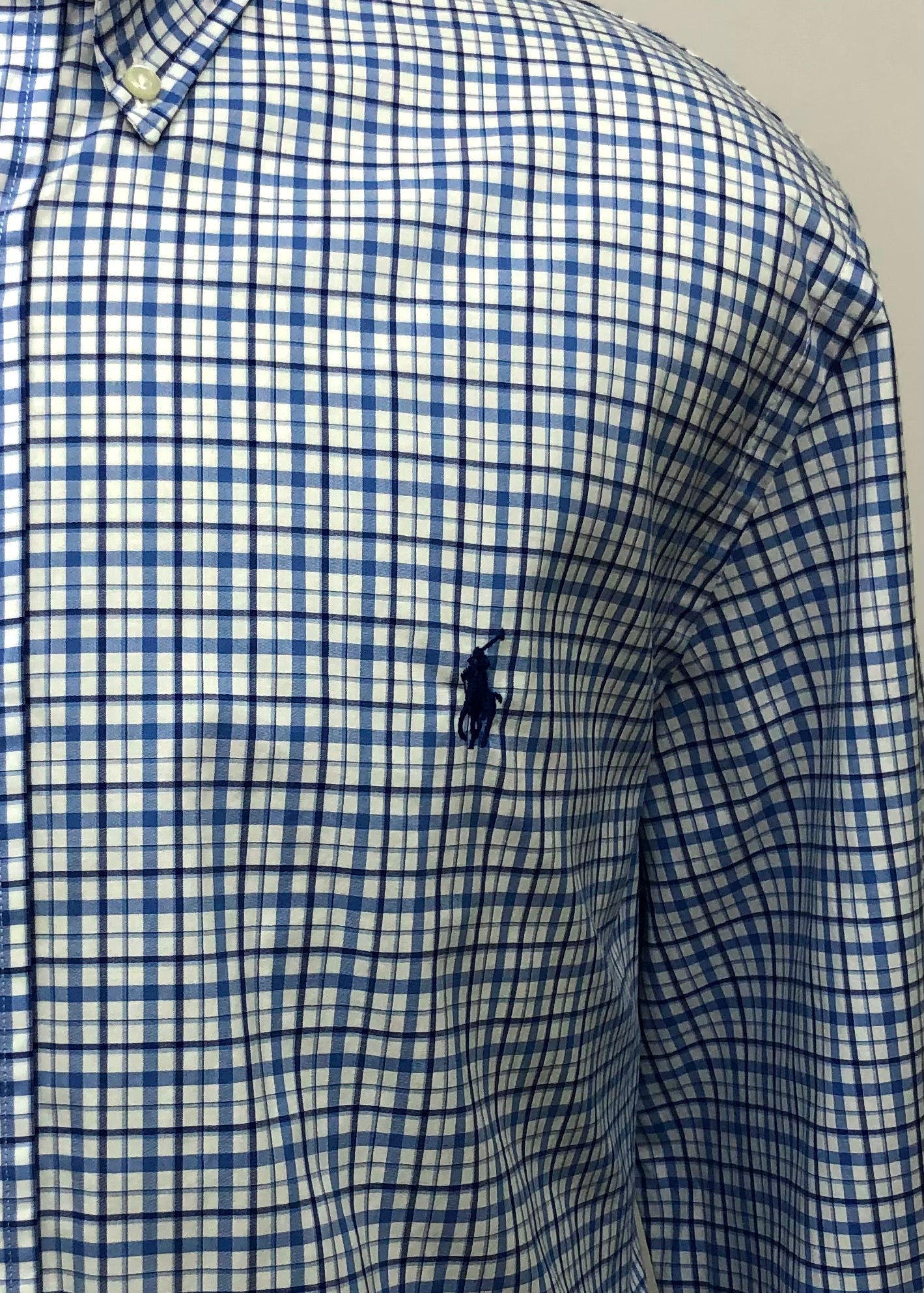 Camisa Polo Ralph Lauren 🏇🏼 color blanco con patrón de cuadros azul y celeste Talla XXL Entalle Slim Fit